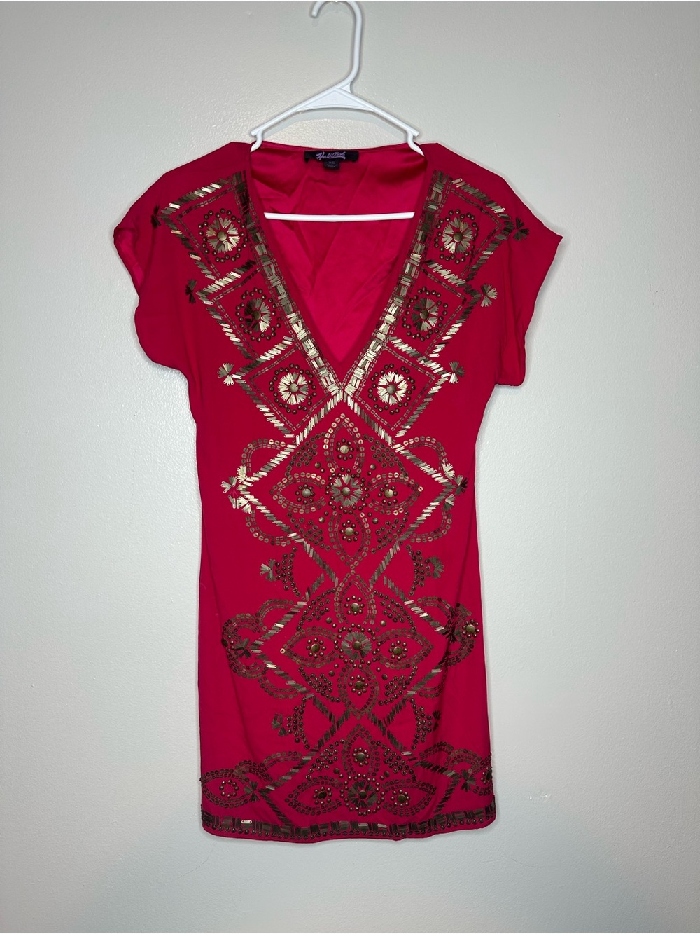 Hale Bob Red Beaded V-Neck Mini Dress Silk Womens XS Boho Feminine Party